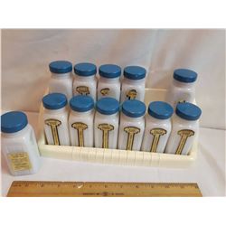 Milk Glass Spice Containers(12) w/Holder