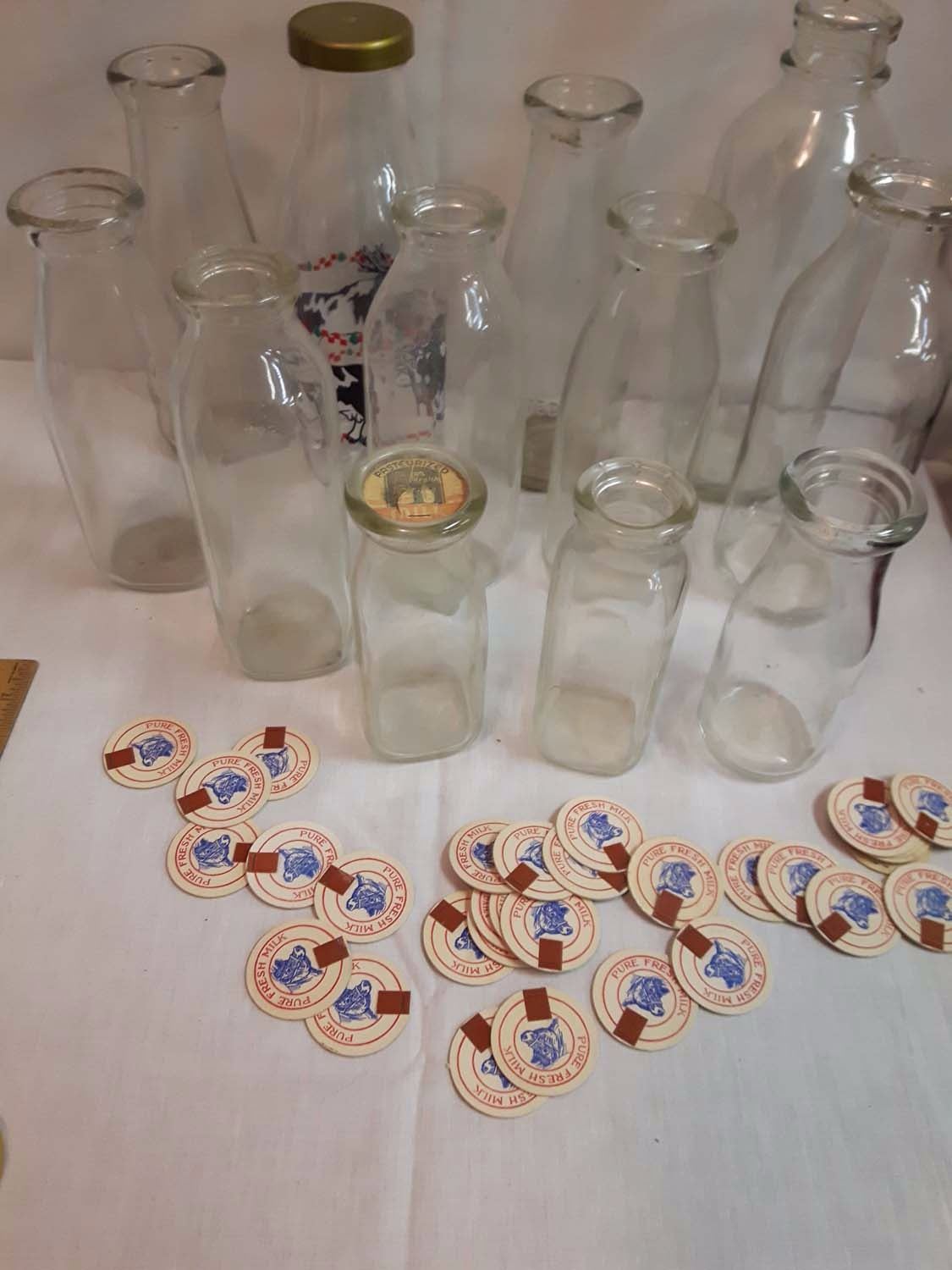 Lot of Vintage Cream& Milk Bottles w/Some Bottle Tops