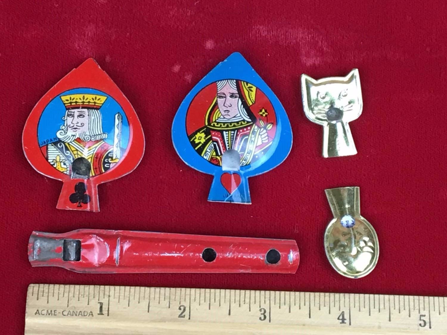 Vintage Tin Whistles (5) (King, Queen, Cracker Jack)