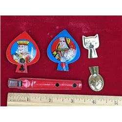 Vintage Tin Whistles (5) (King, Queen, Cracker Jack)
