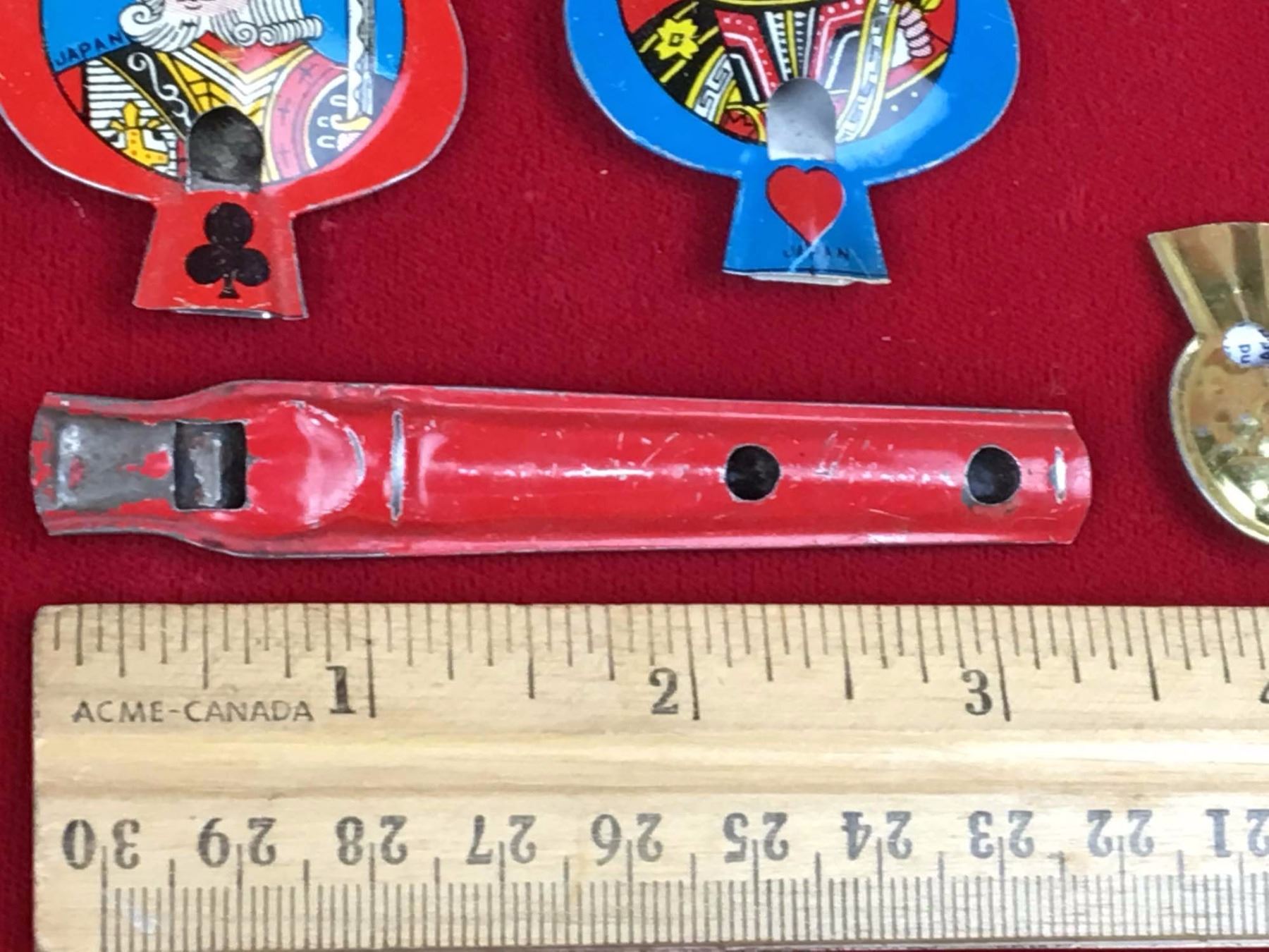 Vintage Tin Whistles (5) (King, Queen, Cracker Jack)