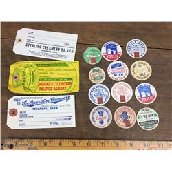 Lot Of Milkcap Cream Can Tags, Bottle Covers (Brandon, Prince Albert, Melfort)