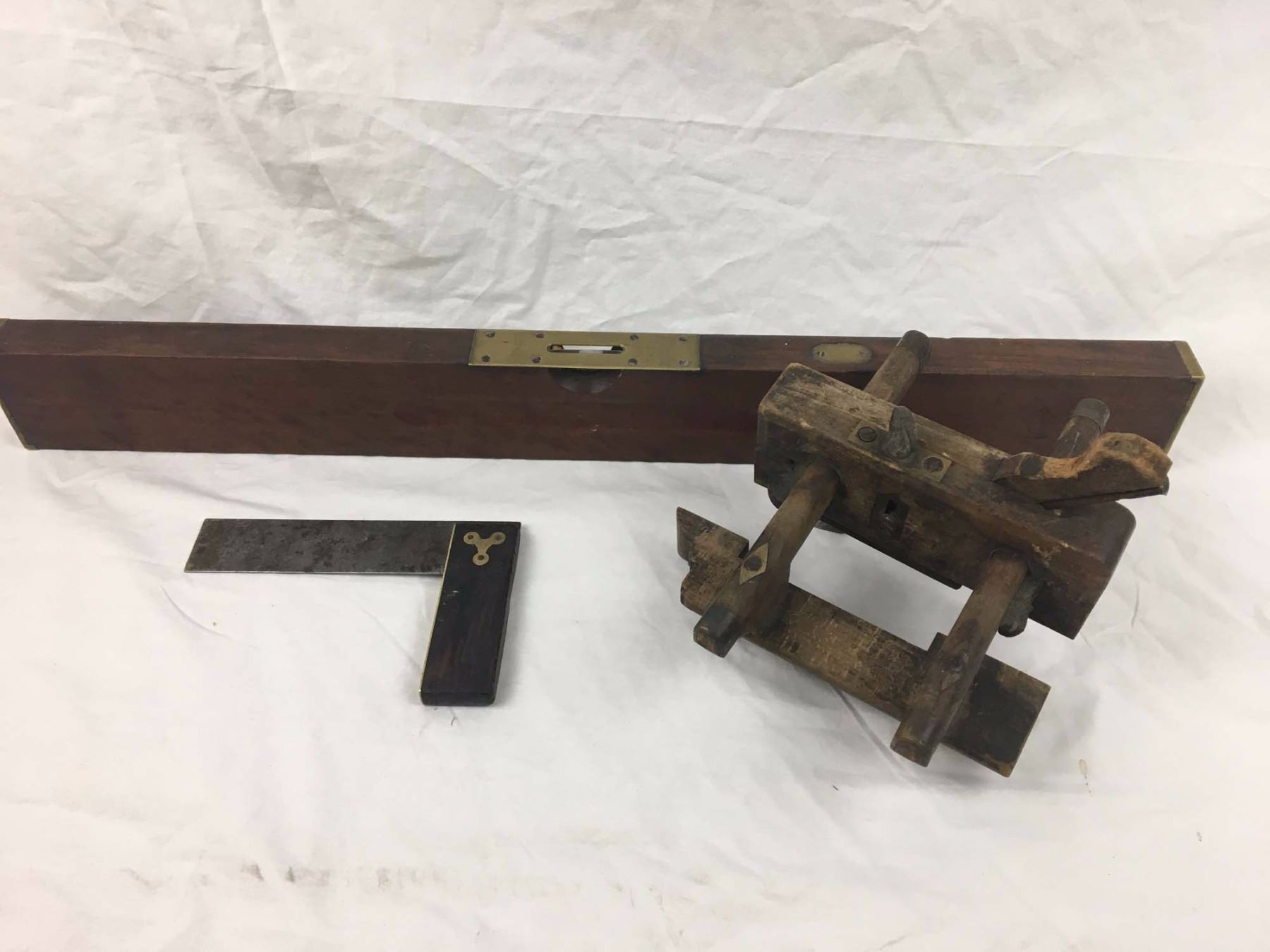 Antique Carpenters Tools (Brass & Wood Level (Stanley), Square, Plane)