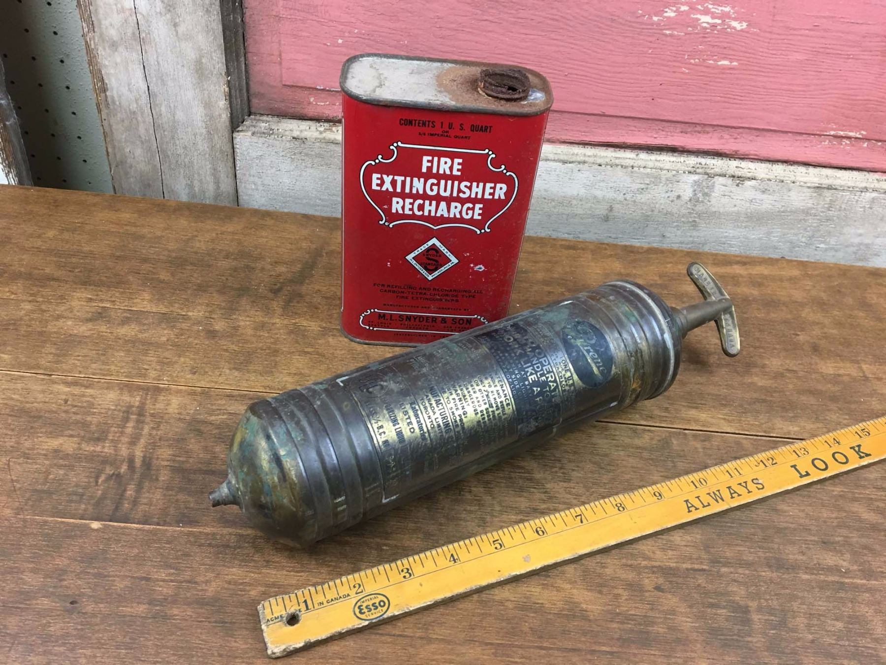 Vintage Brass Fire Extinguisher & Recharge Tin Lot