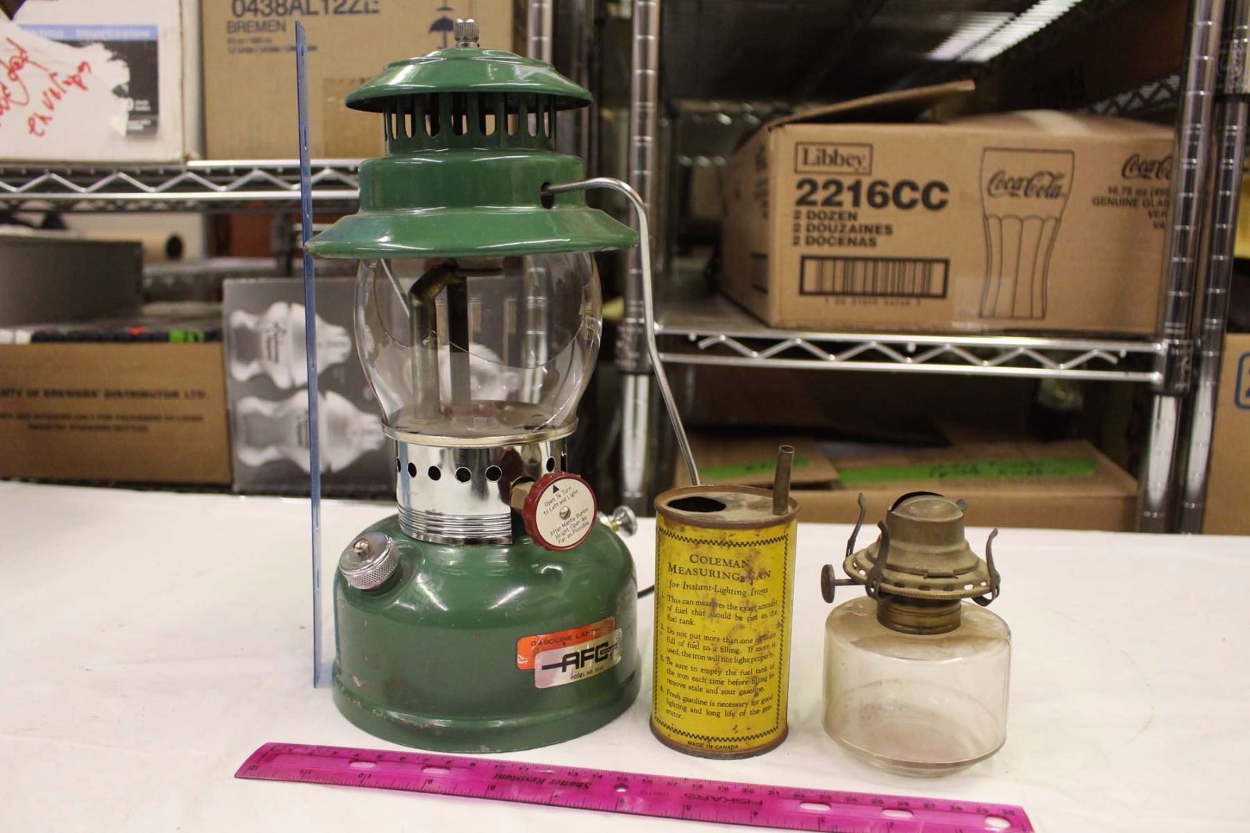 AFC Lantern, Coleman Measuring Can&A Little Oil Lamp