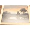 Image 1 : Framed watercolor by Don Yena entitled “Early  Water” displaying a cowboy on horseback at a  waterin