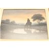 Image 4 : Framed watercolor by Don Yena entitled “Early  Water” displaying a cowboy on horseback at a  waterin