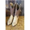 Pair of Mens Cowboy boots. Light tan elephant  skin lower with a medium brown stitched  upper. Hondo