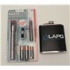 Image 1 : LAPG flask and mini-mag flashlight set; both  like new.       Est.:  $25-$50.