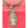 Image 3 : French Fur Trade silver owl effigy pendant  with green and blue trade beads.  The owl  pendant is ap