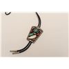 Image 2 : Bolo Tie in Sterling Silver mounted with  Turquoise and Coral. Signed and American  Native made Pre 