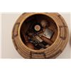 Image 1 : Pima lidded basket , Arizona ca. 1920s with  old tools inside; approximately 8.75” x 8.75”  x 8.75”.