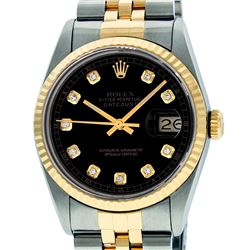 Mens Rolex 36mm Two Tone Yellow Gold Black Diamond DateJust Wristwatch