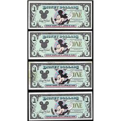 Lot of (4) 1991 $1 Disney Dollar Notes