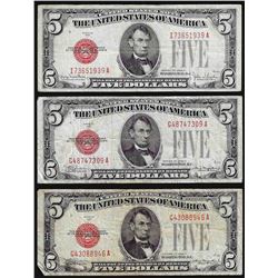 Lot of (3) 1928 $5 Legal Tender Notes