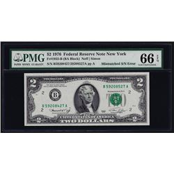 1976 $2 Federal Reserve Note Mismatched Serial Number ERROR PMG Gem Unc. 66EPQ