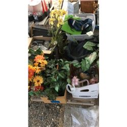 Pallet of fake plants , glass ware, and glass