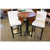 Image 1 : ROUND BISTRO TABLE AND TWO WHITE LEATHER BARSTOOLS