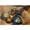 Image 2 : BOX OF SILVER PLATE AND COPPER AND POTTERY WHISKEY BOTTLE AND VASE