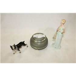 STAFFORD CHINA DOG AND COLLECTIBLE FIGURE AND MUSICAL DRESSER BOX