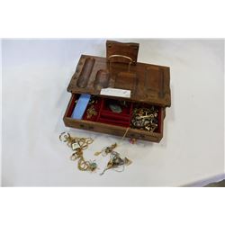 WOOD JEWELLRY BOX WITH CONTENTS