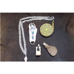 Black Powder Hide- Indian Christmas Ornament- Miniature Beaded Cradle Board- Plains Beaded Purse- Lo