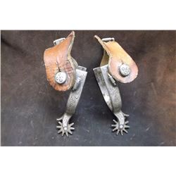 Unmarked Double Mounted Silver Inlaid Spurs- Chap Guards- Straps