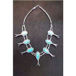 Squash Blossom Necklace- Sterling - Turquoise- 10"