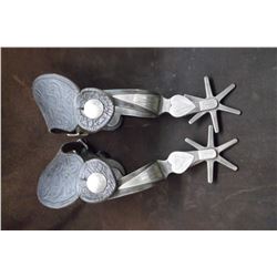 Marked AW 13 211C (Anthony Wallace) Silver Overlaid Spurs- Carved Straps