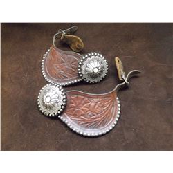 Unmarked Conchos on Dotted and Carved Spur Straps- Sterling- Abalone Centers on Conchos- Scalloped