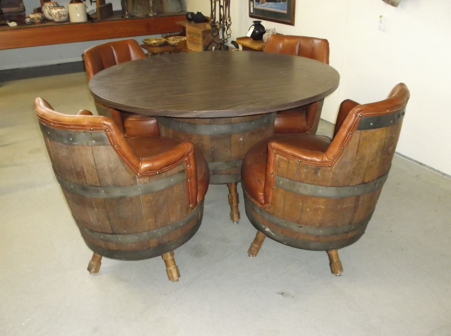 4 Leather Padded Barrel Chair- Round Table With Barrel Base