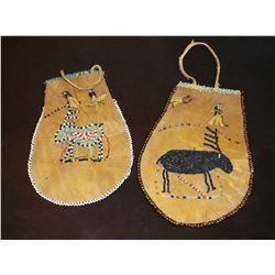 Pair of Vintage Plains Rawhide Beaded Pouches- Double Sided Beadwork- Minor Bead Loss