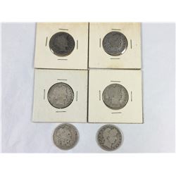 Group of US Barber Silver Quarter Dollars 1894, 1899, 1899, 1906, 1909, 1916