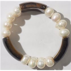 #43-FRESHWATER PEARL AND TIGER EYE BRACELET