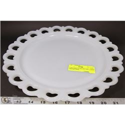 LARGE MILK GLASS TRAY WITH CROCHET EDGE