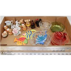 FLAT OF DEPRESSION GLASS ITEMS & VINTAGE FIGURINES