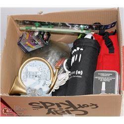 BOX WITH ASSORTED HOUSEHOLD MISC, INCL GOLF