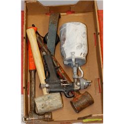 FLAT OF AUTOBODY / PAINTING TOOLS, INCLUDES HAMMER