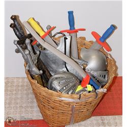 BASKET OF KIDS SHIELDS, SWORDS, HELMETS