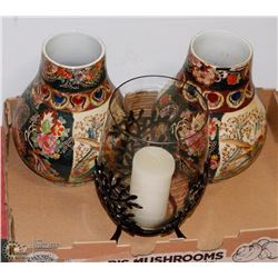 FLAT OF 2 DECORATIVE VASES AND 1 CANDLE HOLDER