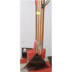 LOT OF 5 YARD TOOLS, INCLUDES 2 RAKES, 2 SHOVELS