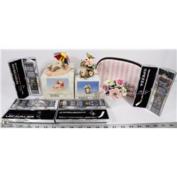 BOX WITH ASSORTED DECORATIONS & COLLECTIBLES