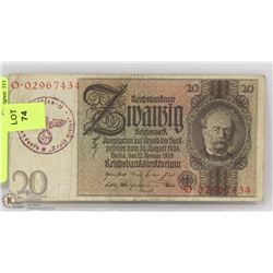 NAZI BANK NOTE STAMPED WAFFEN SS AND FIRST SS