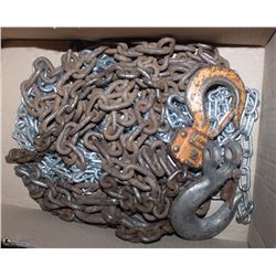 A BOX OF CHAINS W/ 4 HOOKS