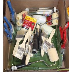 LOT OF ASSORTED SIZES PAINT-ROLLERS + BRUSHES