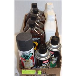 LOT OF VARIOUS FLUIDS- MOTOR OIL, PAINT THINNER