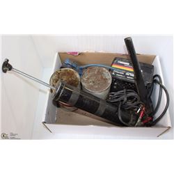 AUTO BATTERY CHARGER , GREASE GUN, ANTIQUE OIL