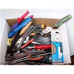 BOX OF MISC TOOLS, CHISELS AND PLIERS