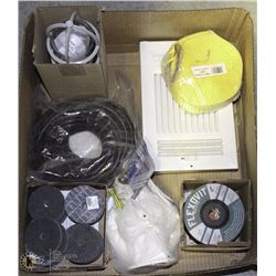 FLAT OF MISC INCL MASONRY WHEELS, YELLOW STRAPS,