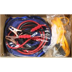 BOX W/NEW BOOSTER CABLES AND TOW ROPE